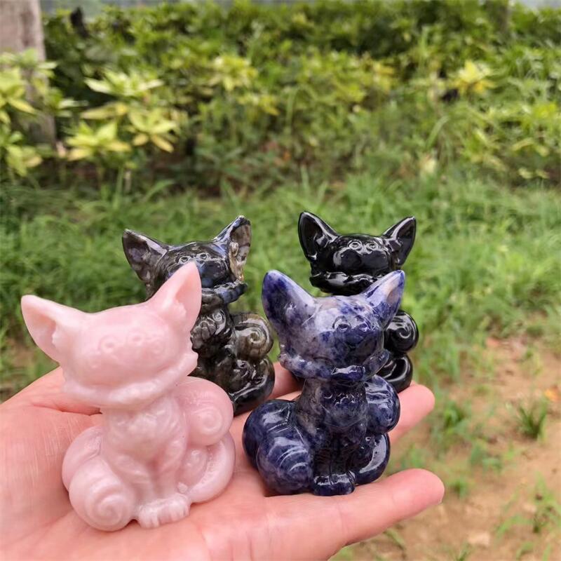 Art Craft Holiday - หินคริสตัลควอตซ์ธรรมชาติ รูปปั้นจิ้งจอกเก้าหาง งานแกะสลัก ของตกแต่งบ้าน งานฝีมือบำบัดรักษา ของขวัญวันหยุด